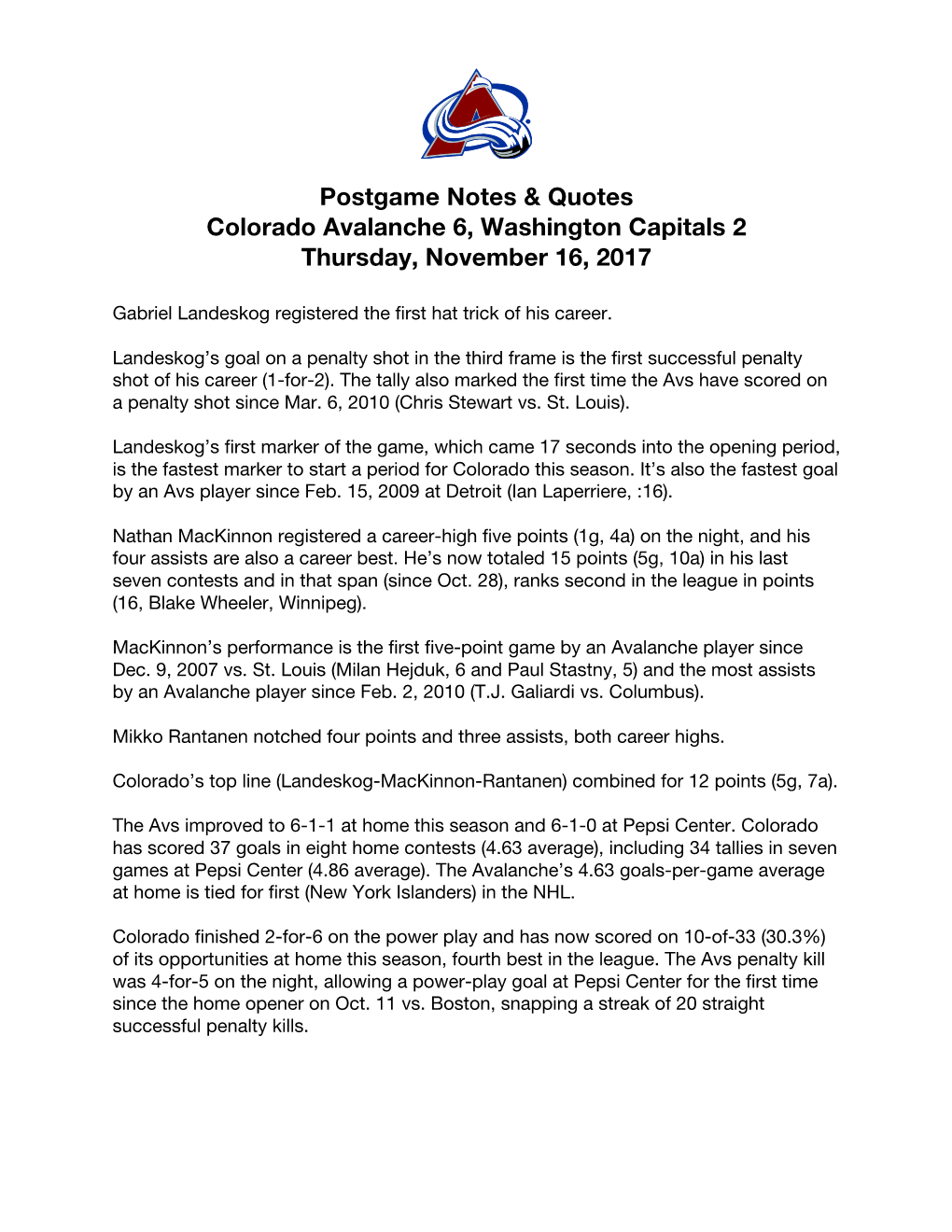 Postgame Notes & Quotes Colorado Avalanche 6, Washington