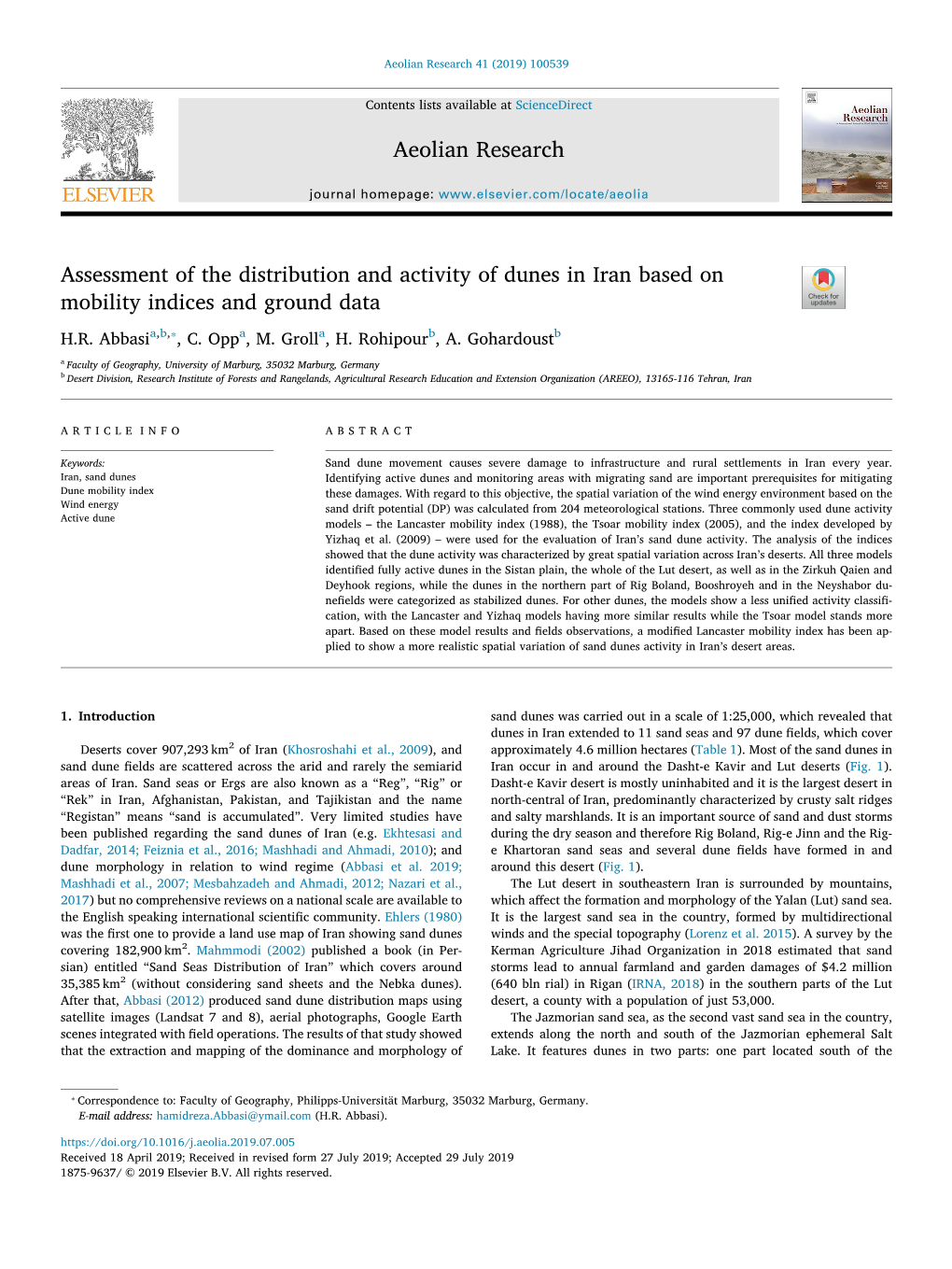 Assessment of the Distribution and Activity of Dunes in Iran Based on T Mobility Indices and Ground Data ⁎ H.R