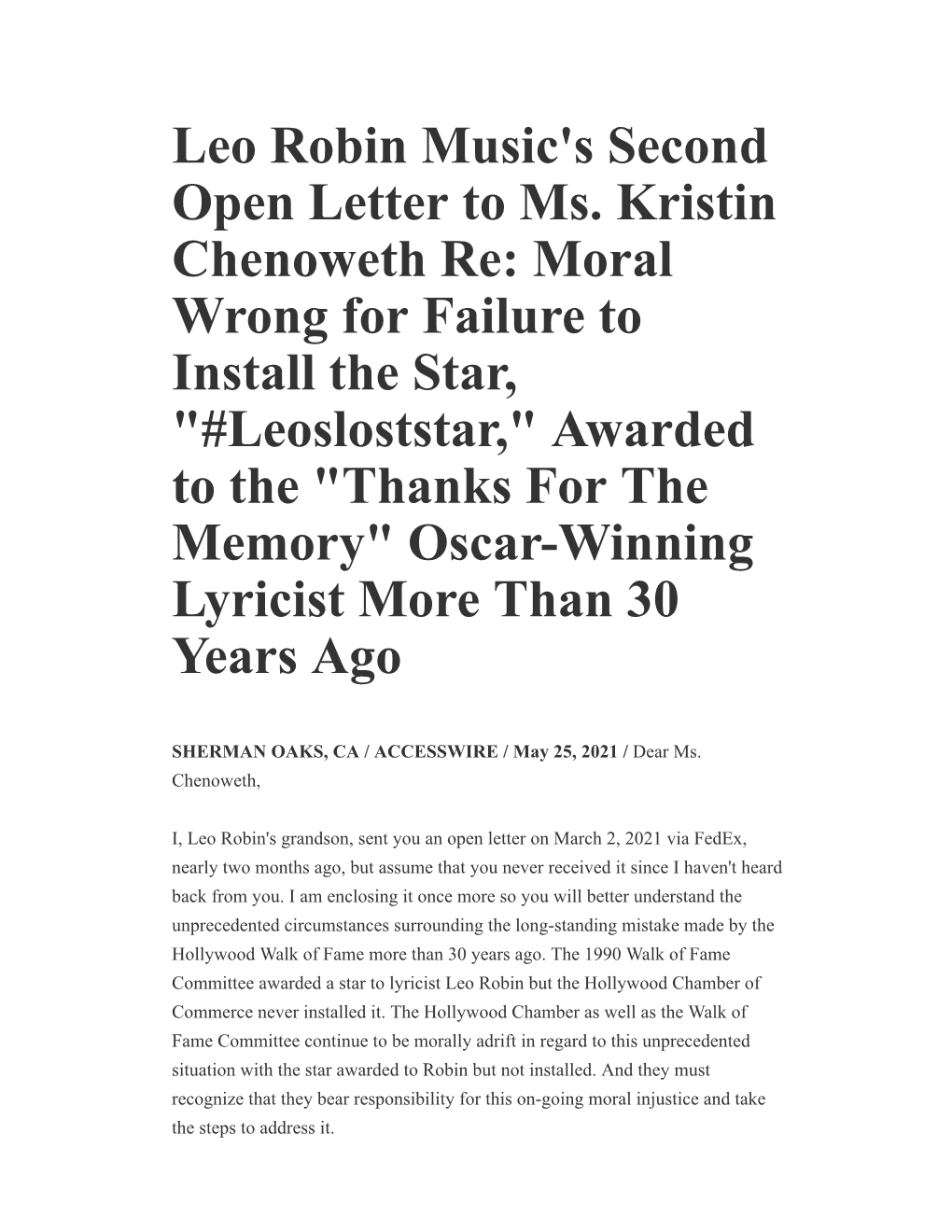 Leo Robin Music's Second Open Letter to Ms. Kristin Chenoweth Re