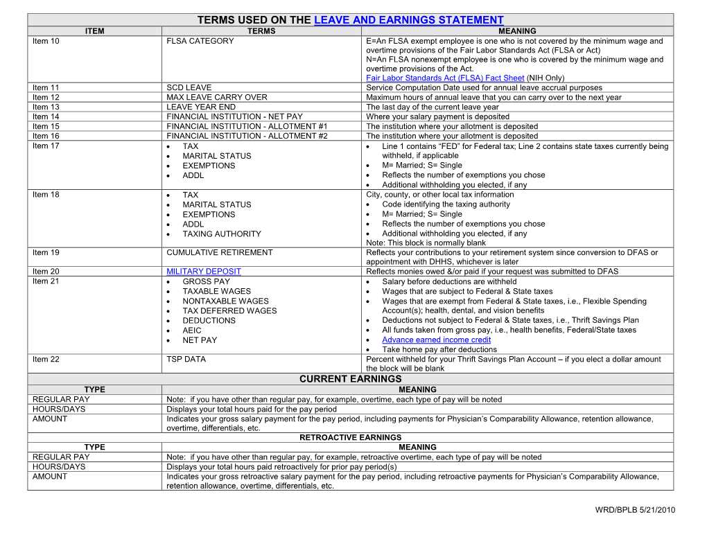 Terms Used on the Leave and Earnings Statement