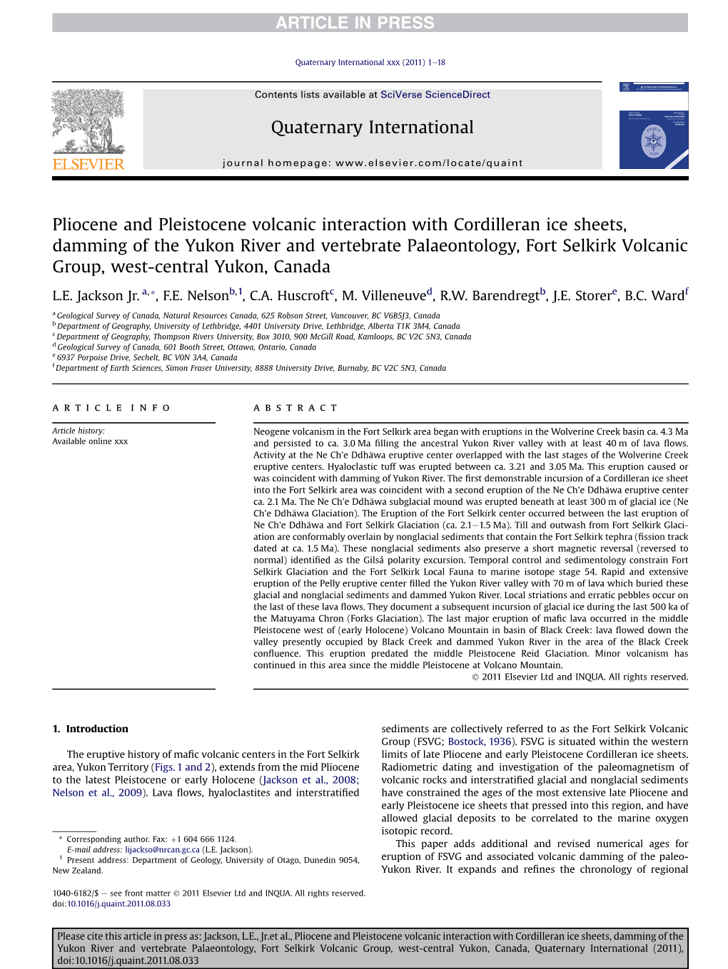 Pliocene and Pleistocene Volcanic Interaction with Cordilleran Ice Sheets, Damming of the Yukon River and Vertebrate Palaeontolo