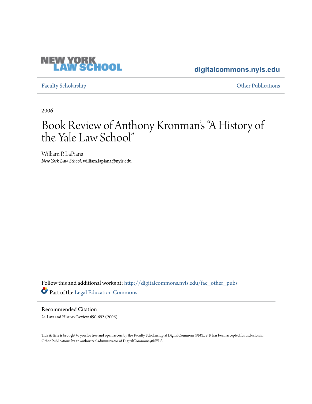 Book Review of Anthony Kronman's “A History of the Yale Law School”