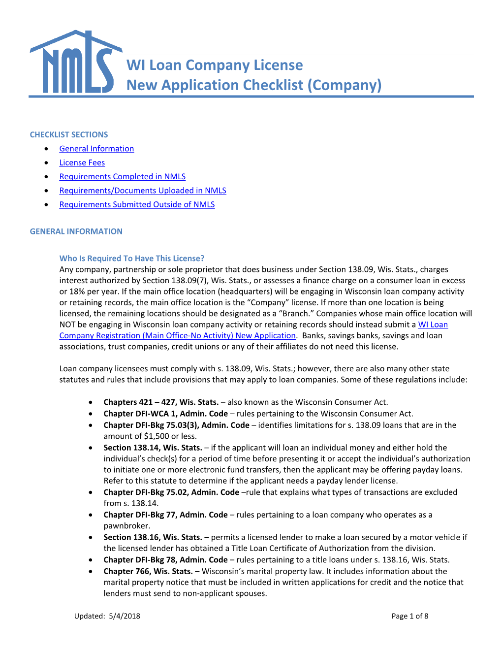 WI Loan Company License New Application Checklist (Company)