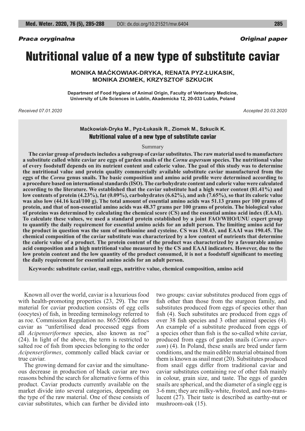 Nutritional Value of a New Type of Substitute Caviar