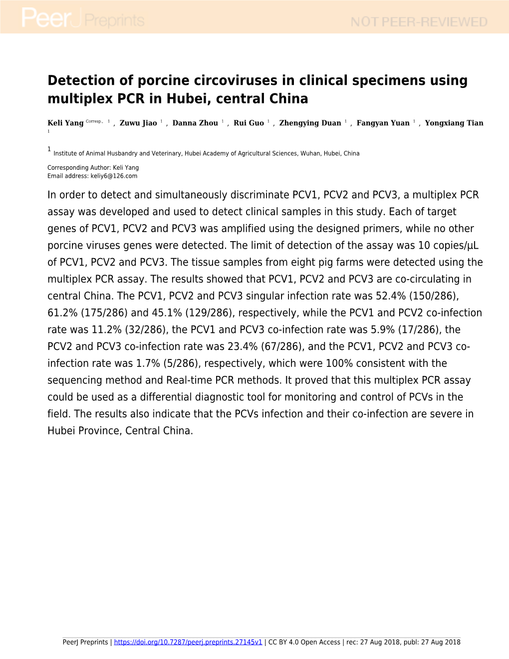 Detection of Porcine Circoviruses in Clinical Specimens Using Multiplex PCR in Hubei, Central China