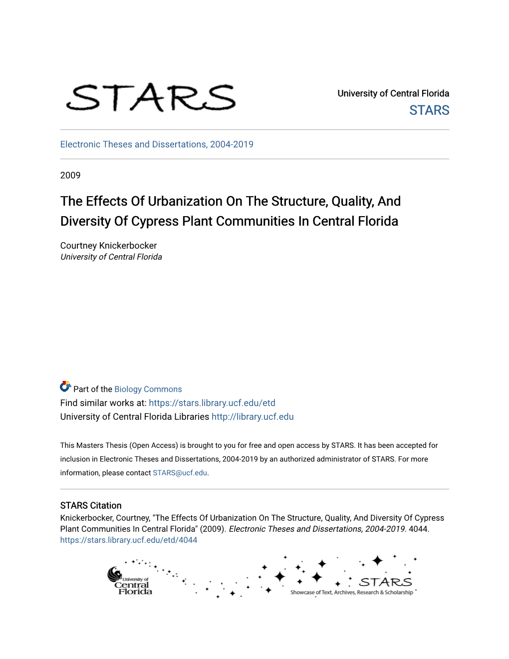 The Effects of Urbanization on the Structure, Quality, and Diversity of Cypress Plant Communities in Central Florida