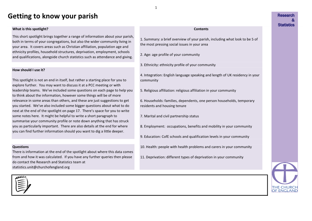 Getting to Know Your Parish & Statistics What Is This Spotlight? Contents This Short Spotlight Brings Together a Range of Information About Your Parish, 1