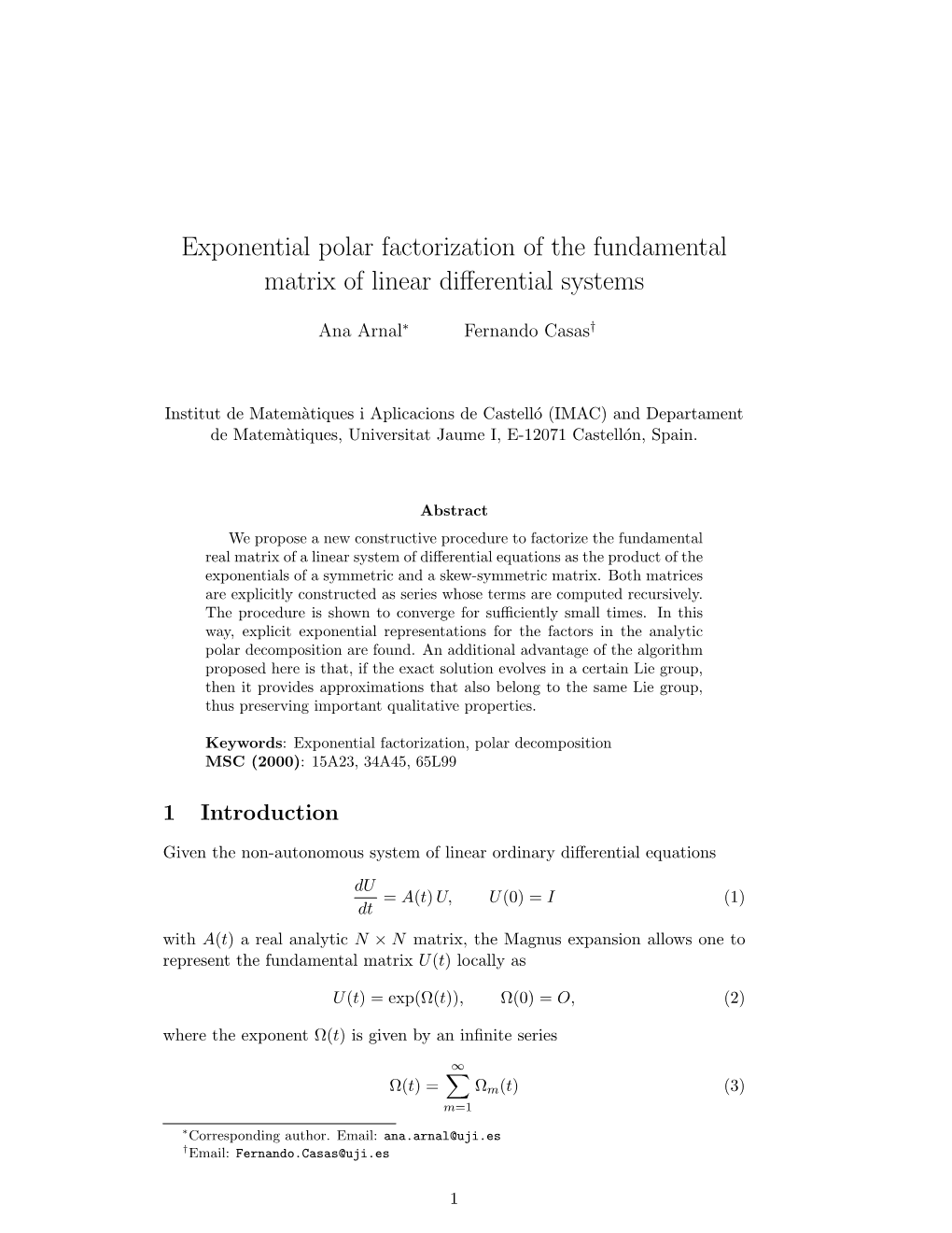 Exponential Polar Factorization of the Fundamental Matrix of Linear Diﬀerential Systems