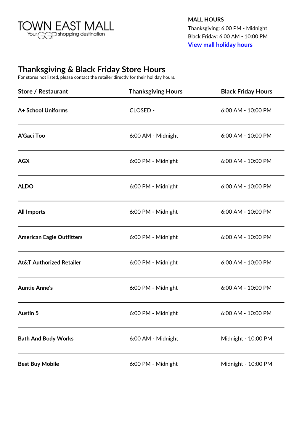 Thanksgiving & Black Friday Store Hours