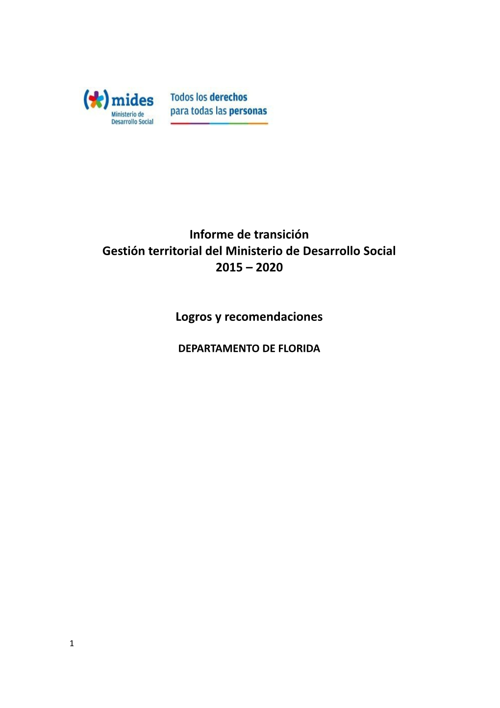 Informe De Transición Gestión Territorial Del Ministerio De Desarrollo Social 2015 – 2020
