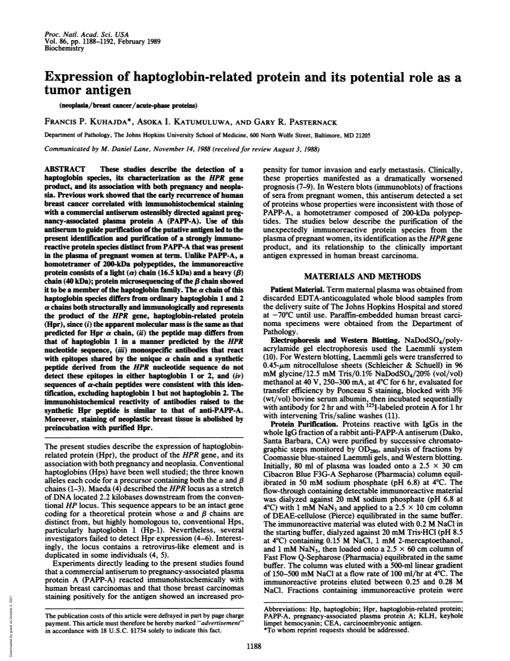 Expression of Haptoglobin-Related Protein and Its Potential Role As a Tumor Antigen (Neoplasia/Breast Cancer/Acute-Phase Proteins) FRANCIS P
