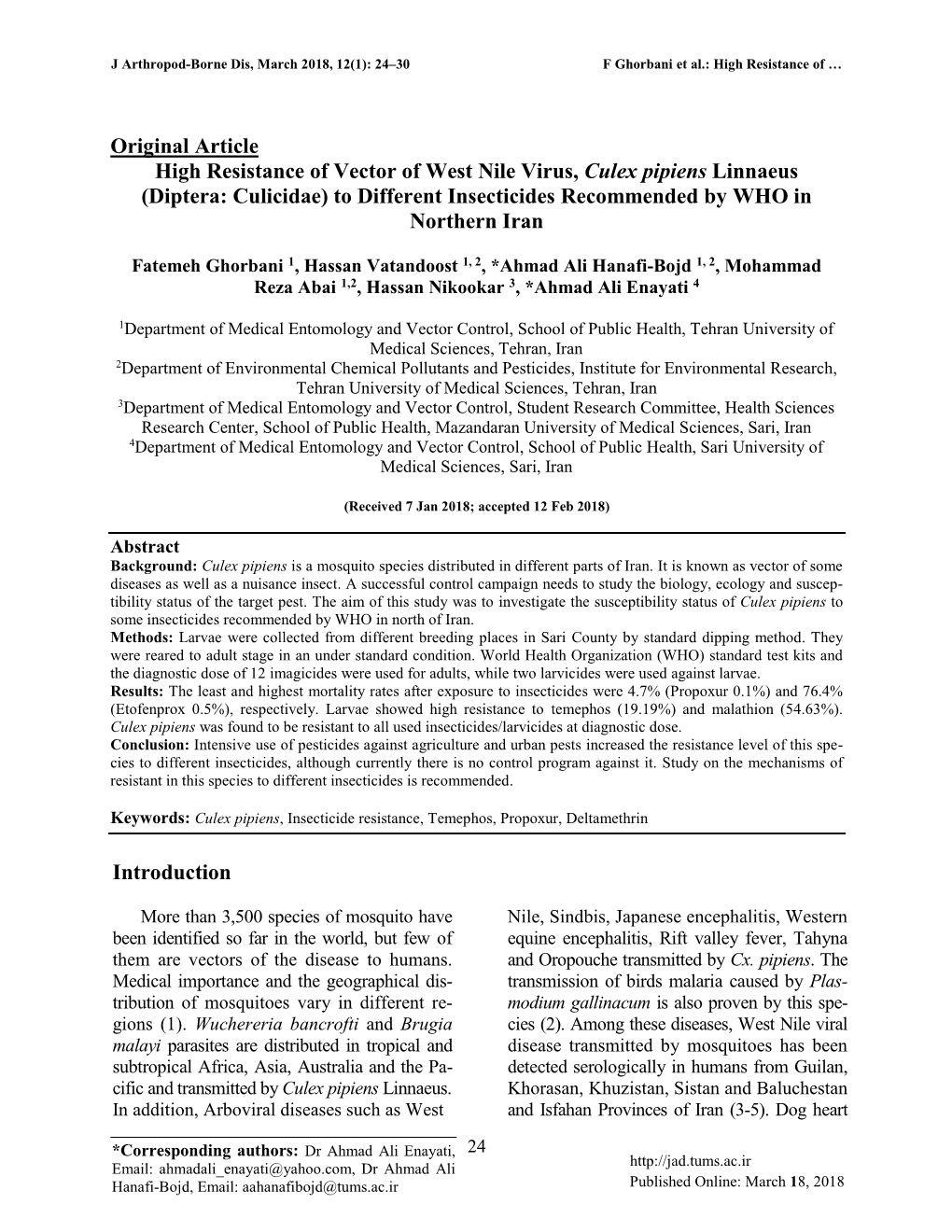 Original Article High Resistance of Vector of West Nile Virus, Culex