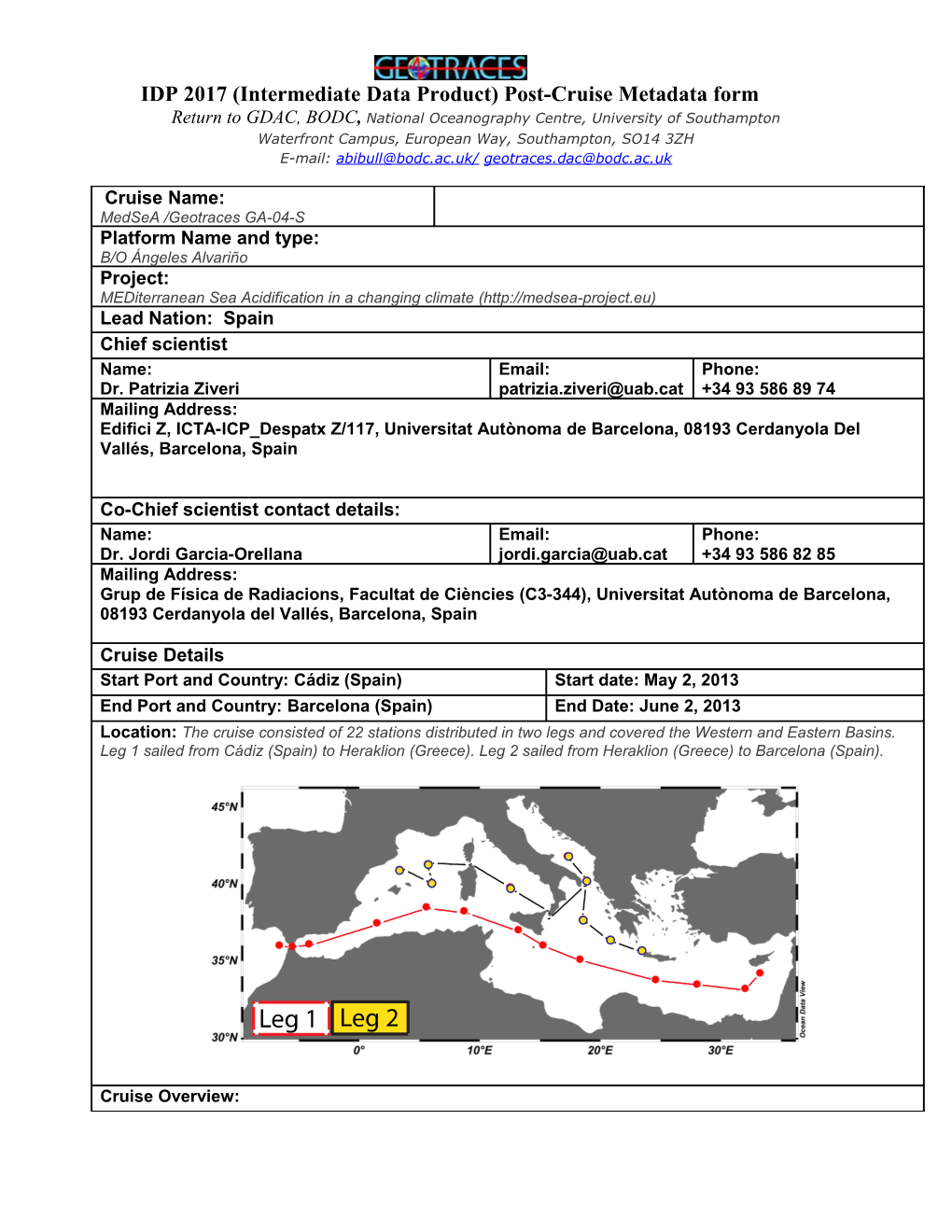 GDAC PRE CRUISE META DATA PLATFORM Description (To Submit to the IPO Prior to Cruises s3