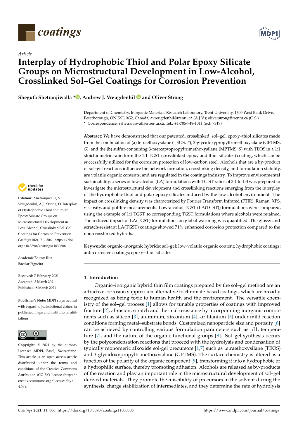 Interplay of Hydrophobic Thiol and Polar Epoxy Silicate Groups on Microstructural Development in Low-Alcohol, Crosslinked Sol–Gel Coatings for Corrosion Prevention