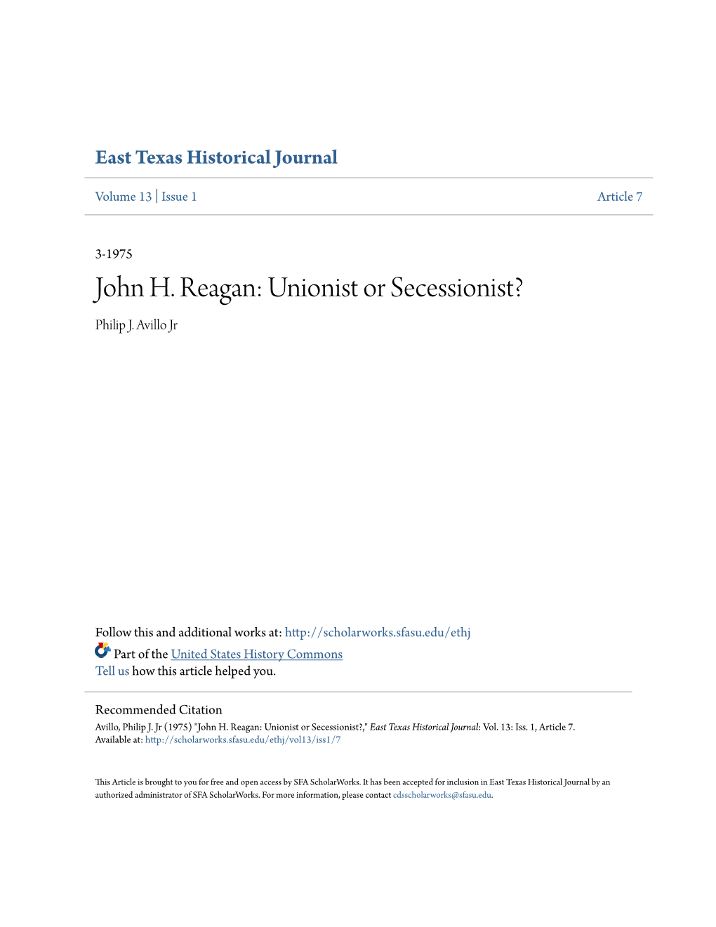 John H. Reagan: Unionist Or Secessionist? Philip J