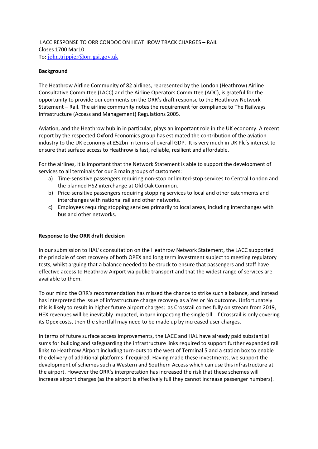 LACC Response to the Charging Framework for the Heathrow Spur