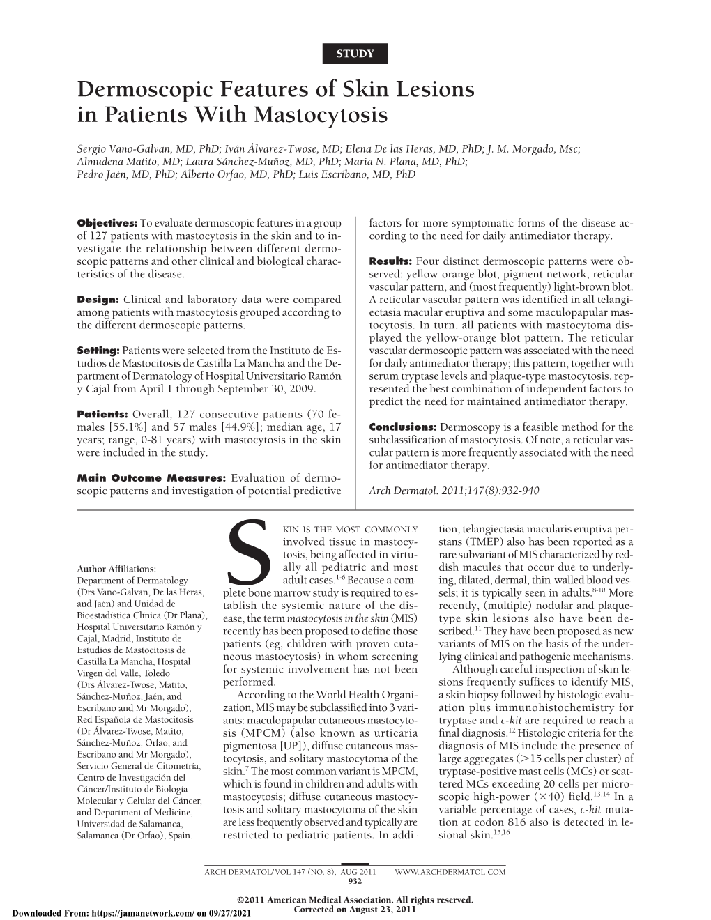 Dermoscopic Features of Skin Lesions in Patients with Mastocytosis