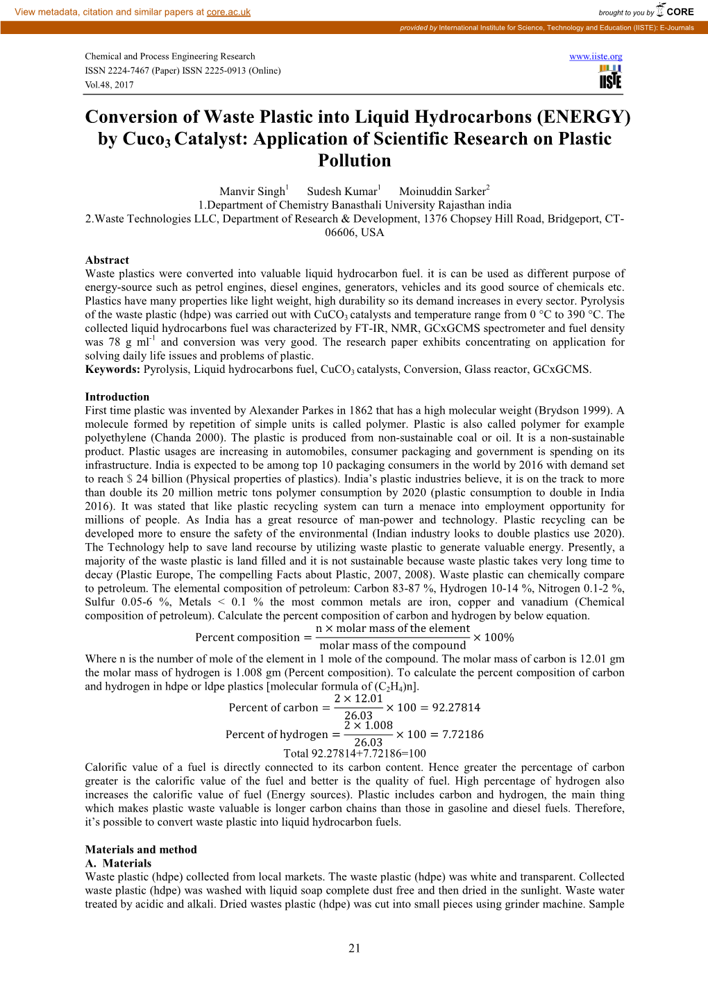 Conversion of Waste Plastic Into Liquid Hydrocarbons (ENERGY) by Cuco 3 Catalyst: Application of Scientific Research on Plastic Pollution