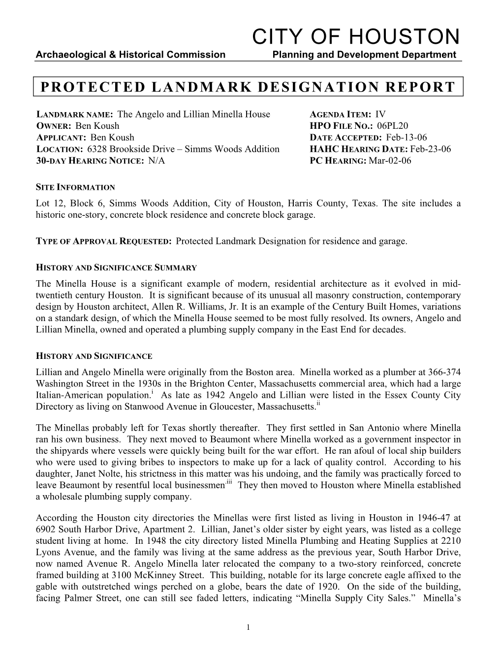 Protected Landmark Designation Report