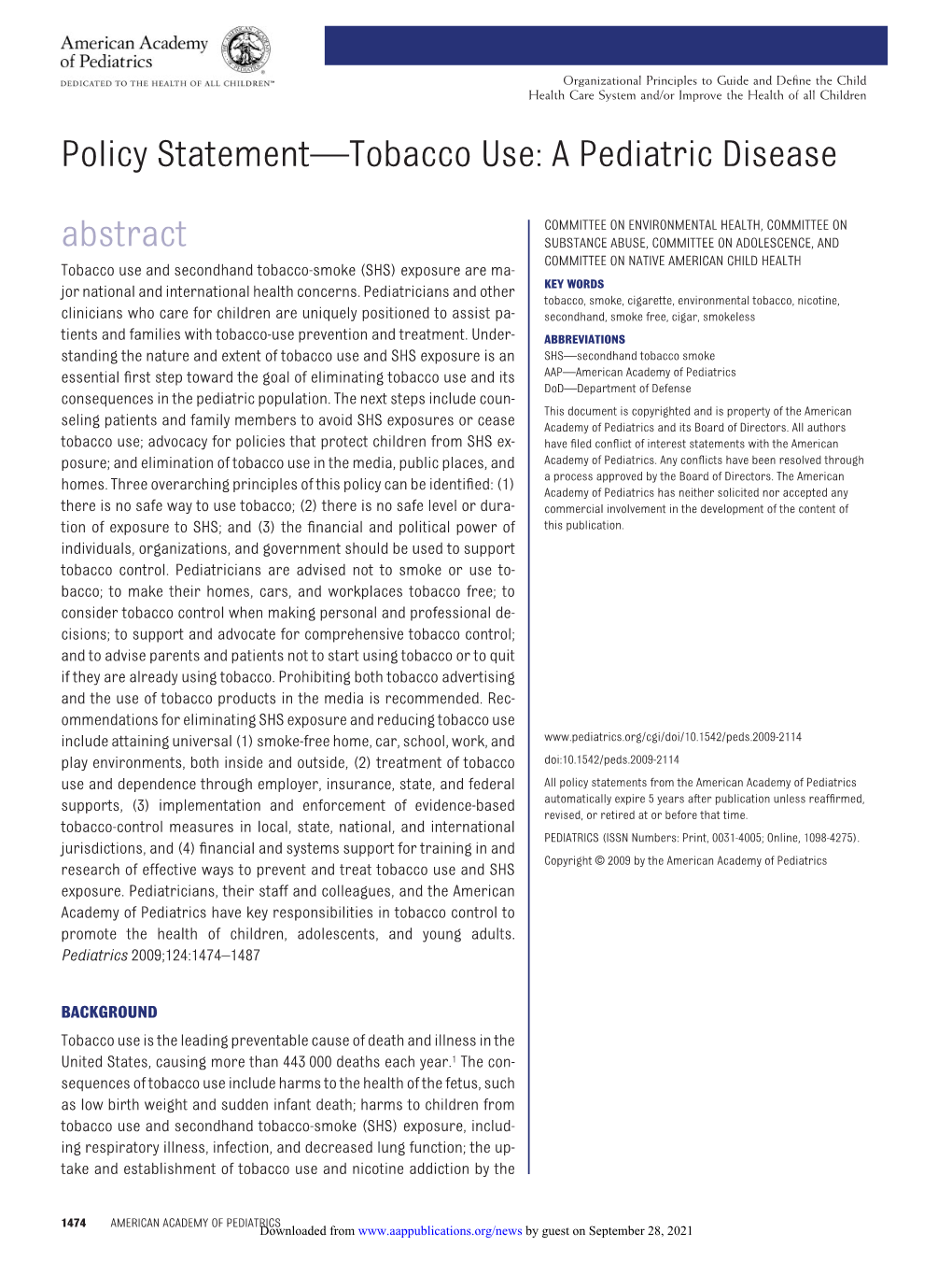 Policy Statement—Tobacco Use: a Pediatric Disease Abstract