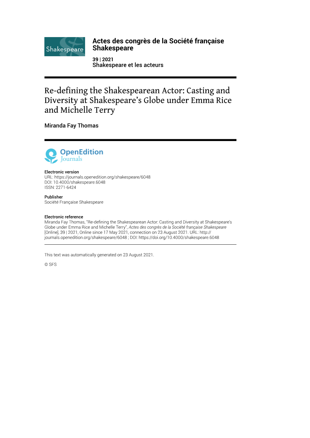 Actes Des Congrès De La Société Française Shakespeare, 39 | 2021 Re-Defining the Shakespearean Actor: Casting and Diversity at Shakespeare’S G