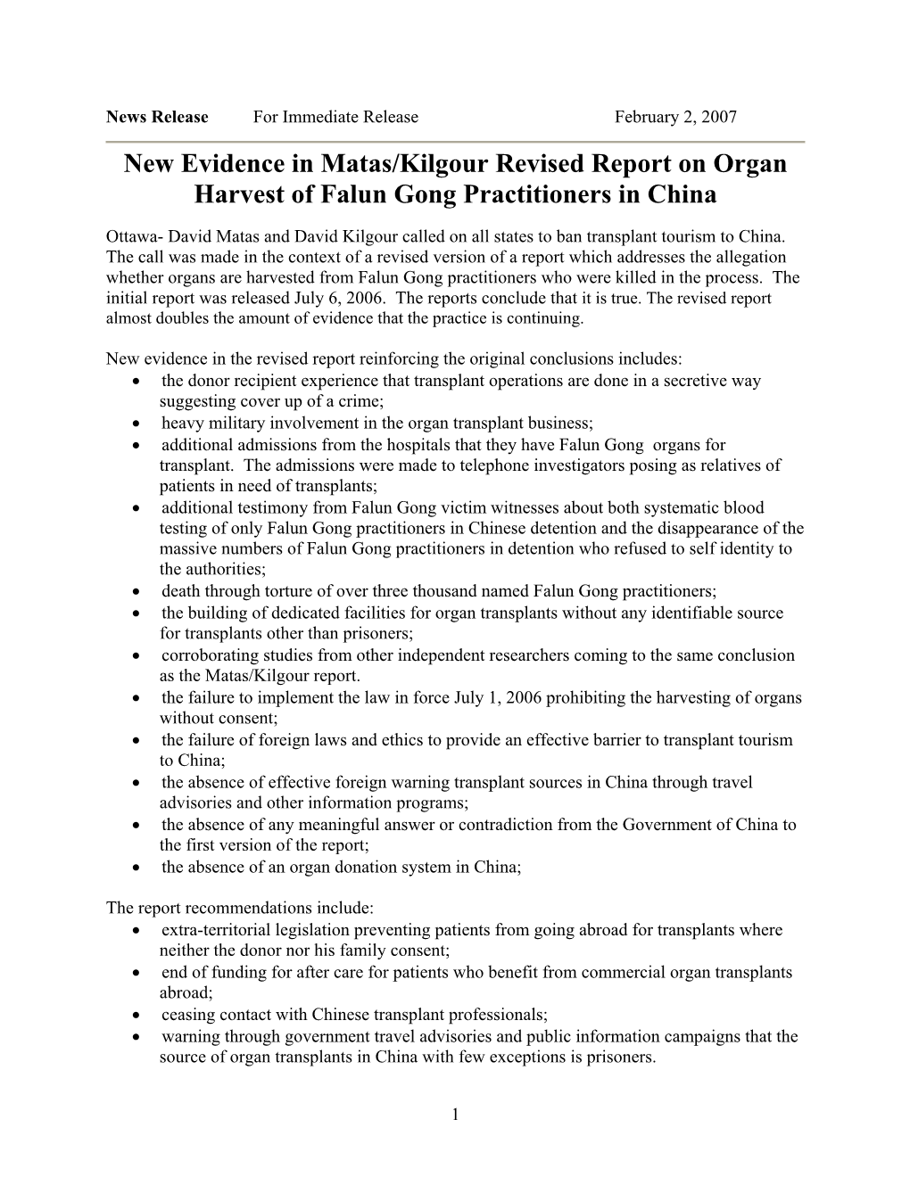 New Evidence in Matas/Kilgour Revised Report on Organ Harvest of Falun Gong Practitioners in China