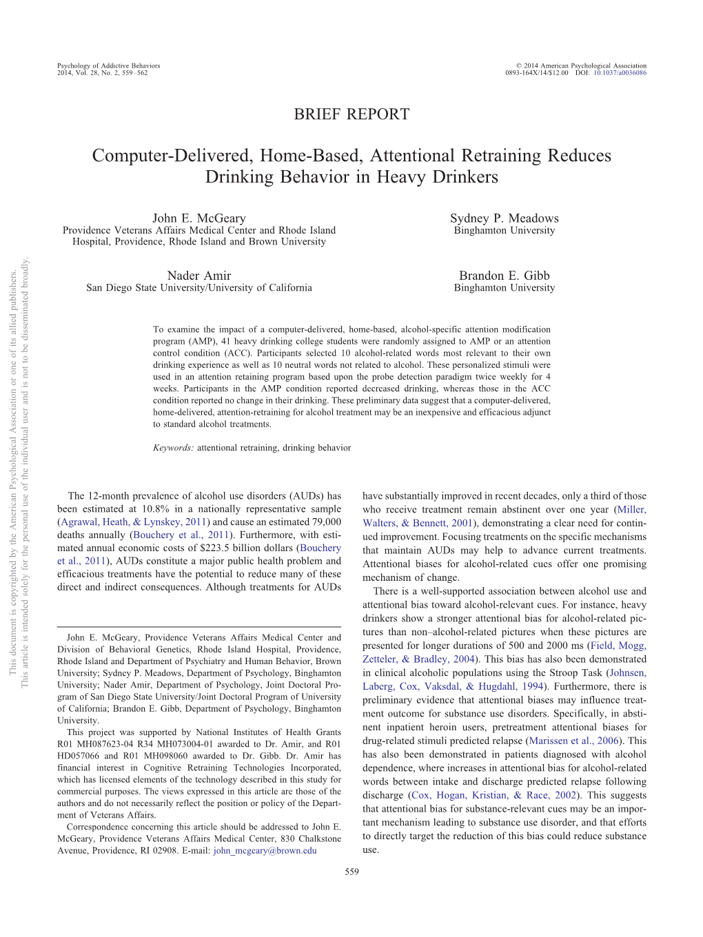 Computer-Delivered, Home-Based, Attentional Retraining Reduces Drinking Behavior in Heavy Drinkers