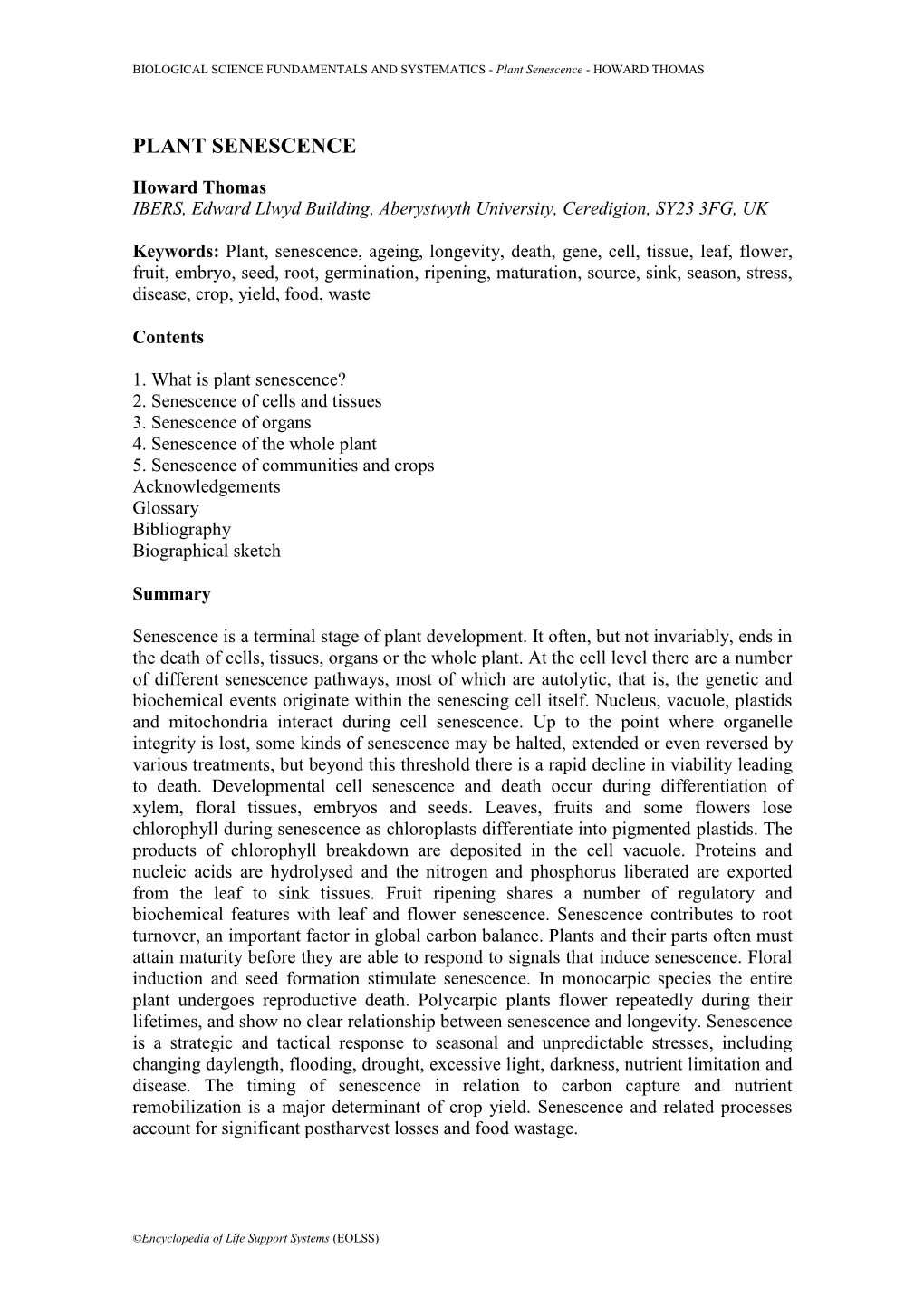Plant Senescence - HOWARD THOMAS