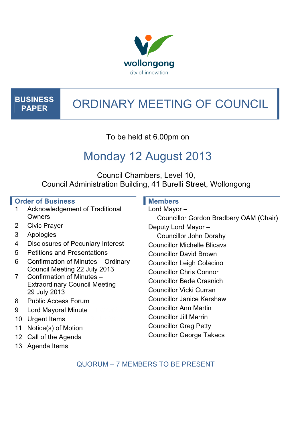 Council Business Paper 12 August 2013