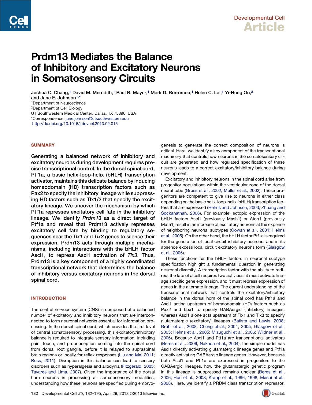 Prdm13 Mediates the Balance of Inhibitory and Excitatory Neurons in Somatosensory Circuits