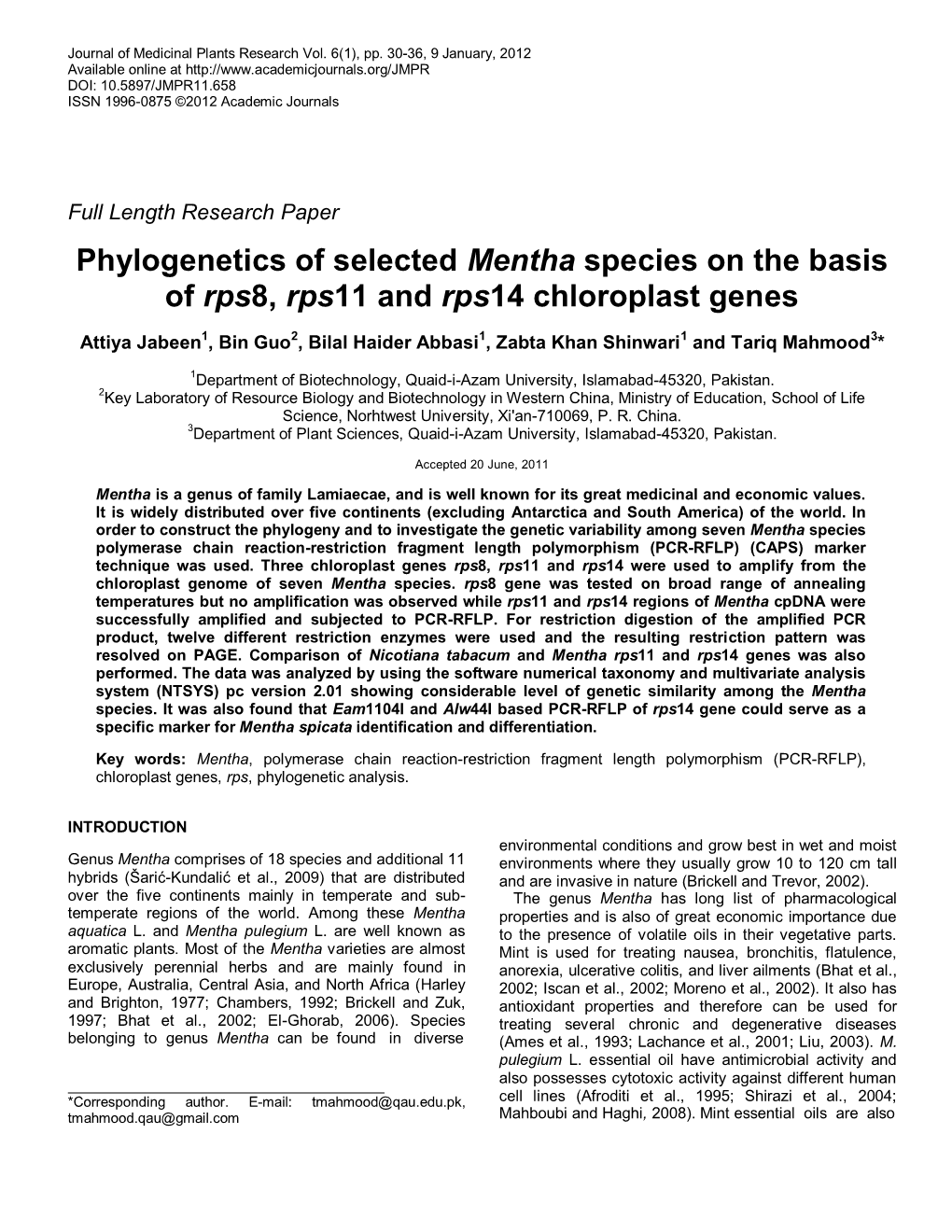 Phylogenetics of Selected Mentha Species on the Basis of Rps8, Rps11 and Rps14 Chloroplast Genes