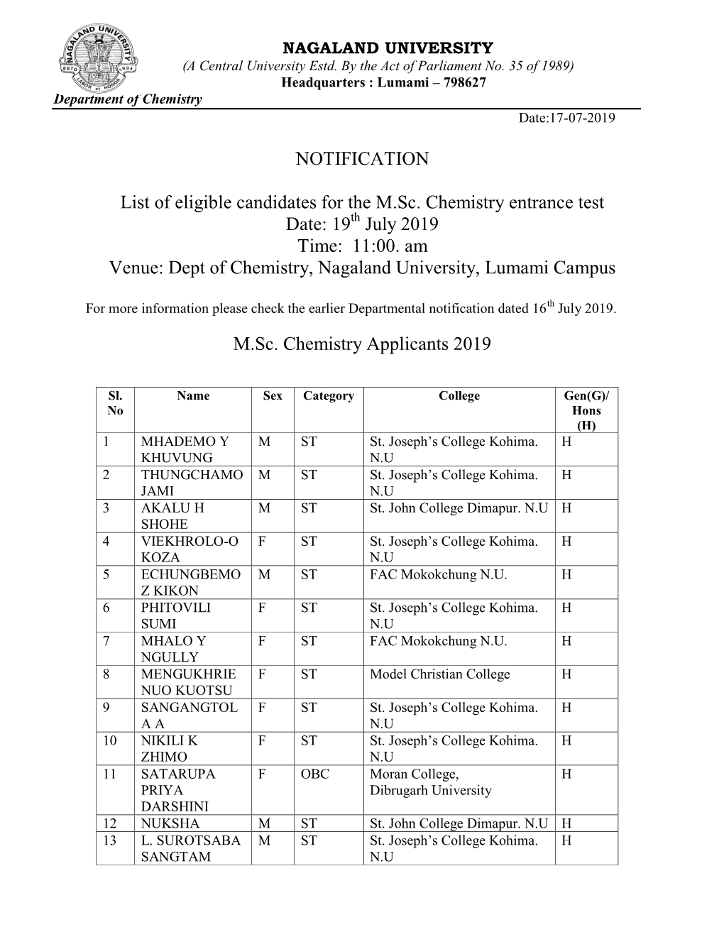 19 July 2019 Time: 11:00. Am Venue: Dept