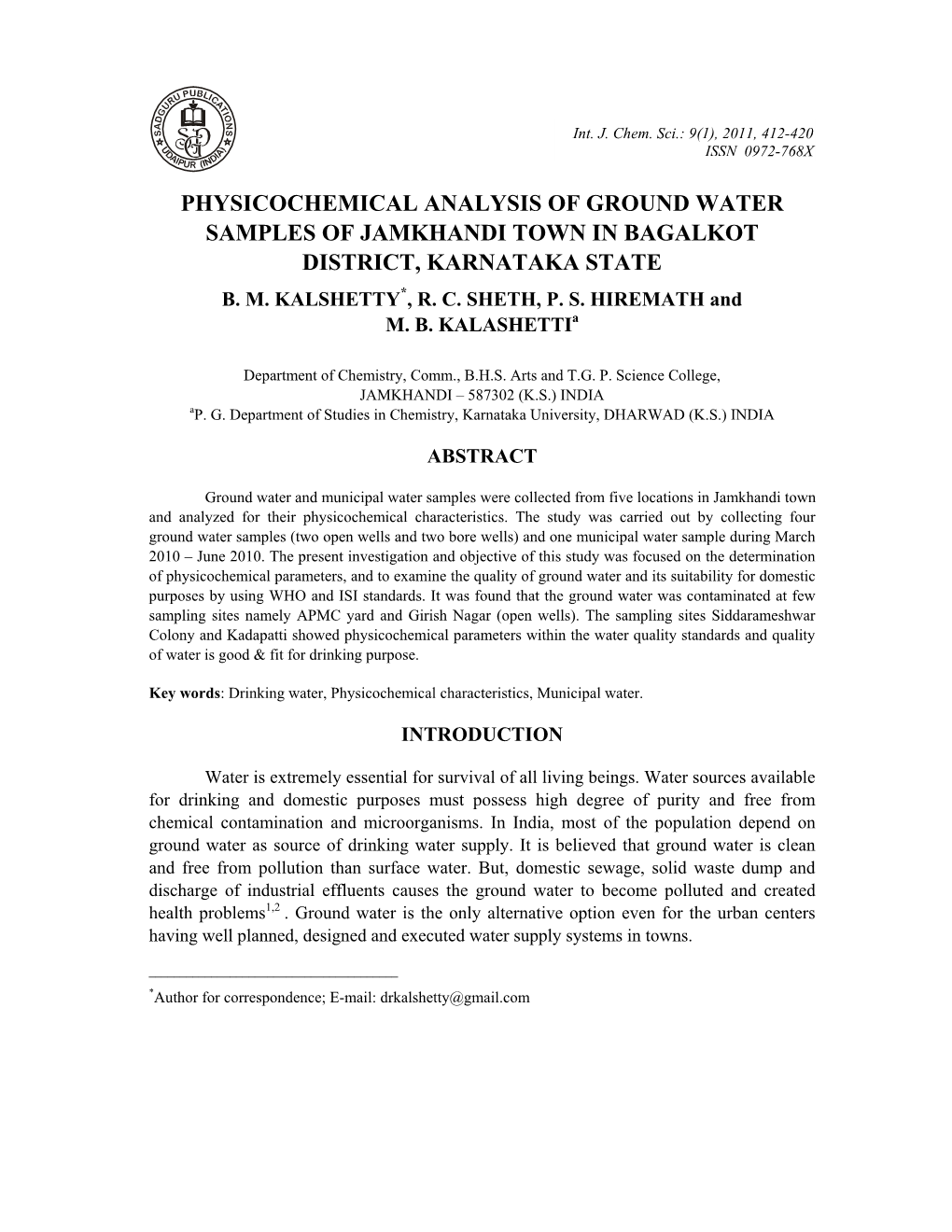 Physicochemical Analysis of Ground Water Samples of Jamkhandi Town in Bagalkot District, Karnataka State B