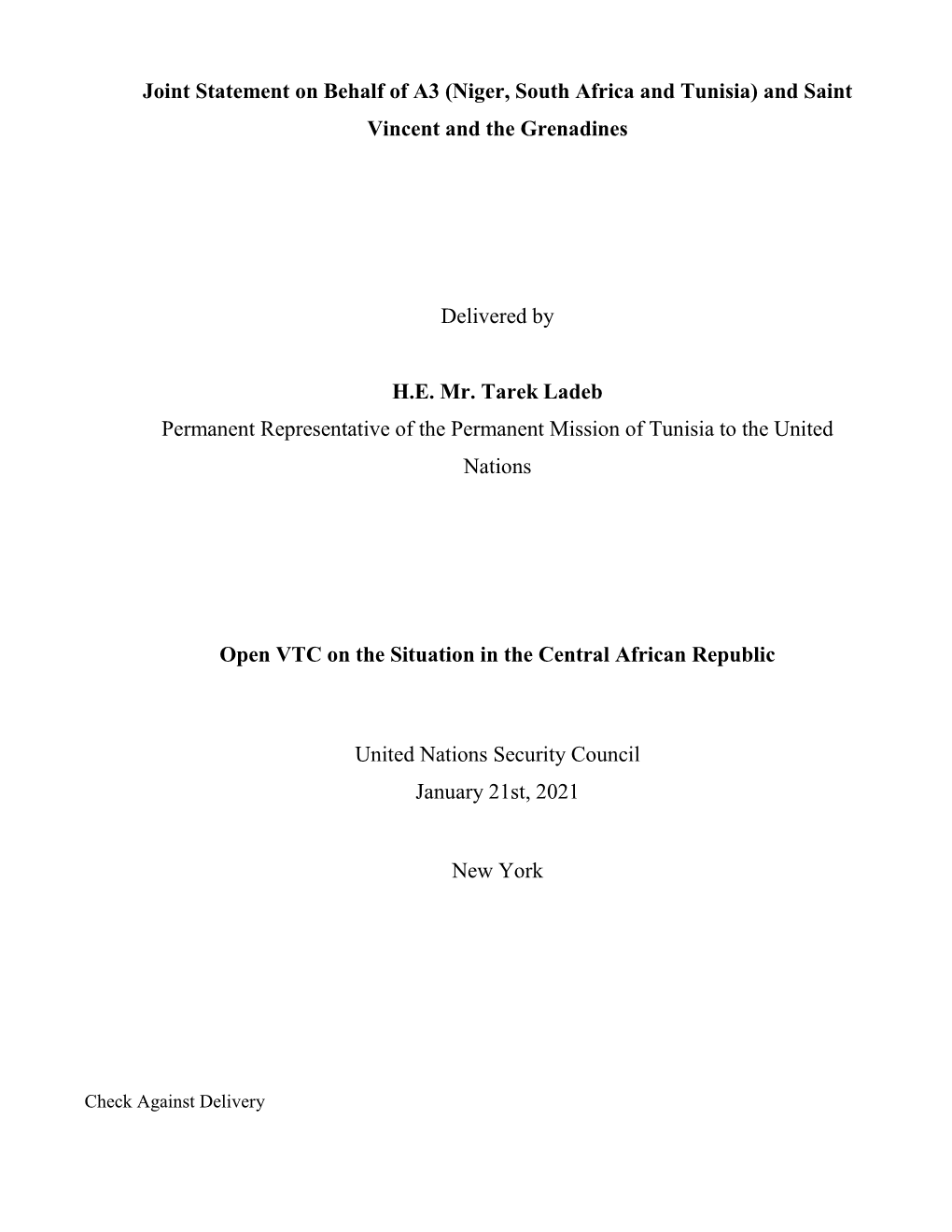 Joint Statement on Behalf of A3 (Niger, South Africa and Tunisia) and Saint Vincent and the Grenadines