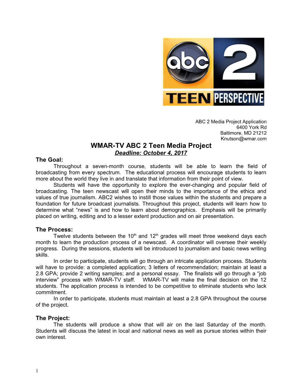 WMAR-TV ABC 2 Teen Media Project