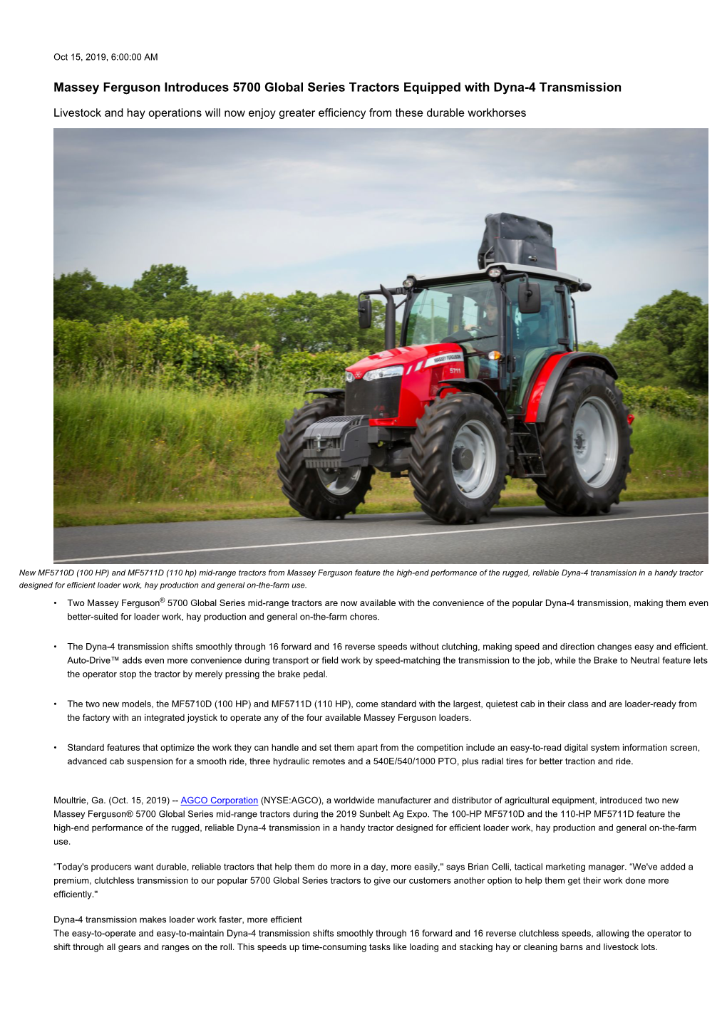 Massey Ferguson Introduces 5700 Global Series Tractors Equipped with Dyna-4 Transmission