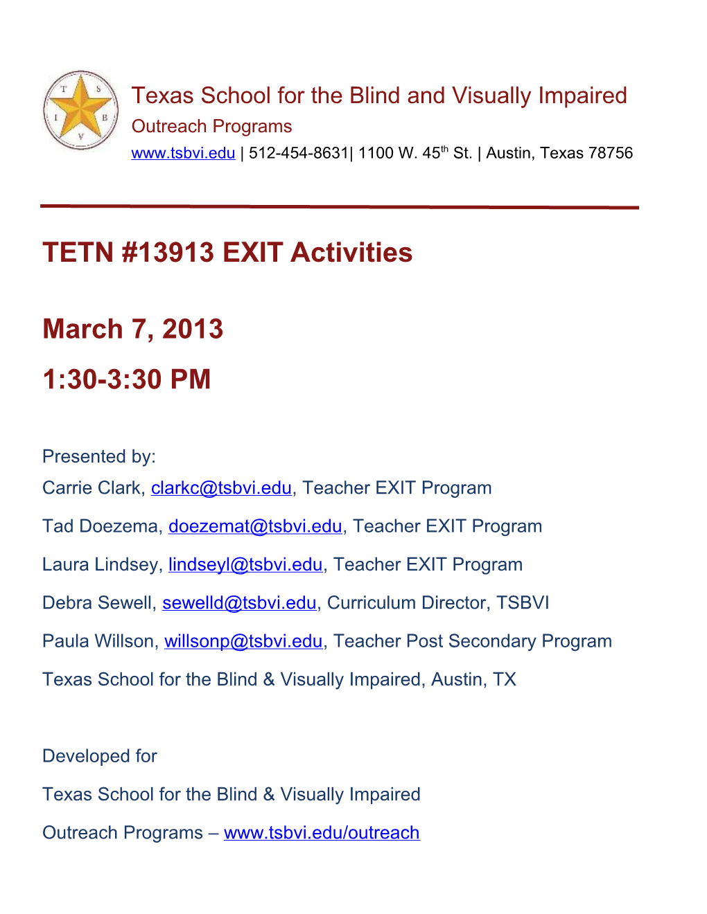 TETN #13913 EXIT Activities