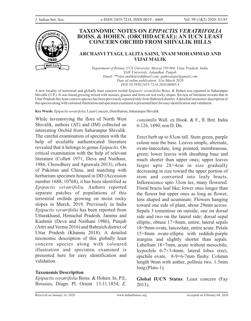 Taxonomic Notes on Epipactis Veratrifolia Boiss. & Hohen