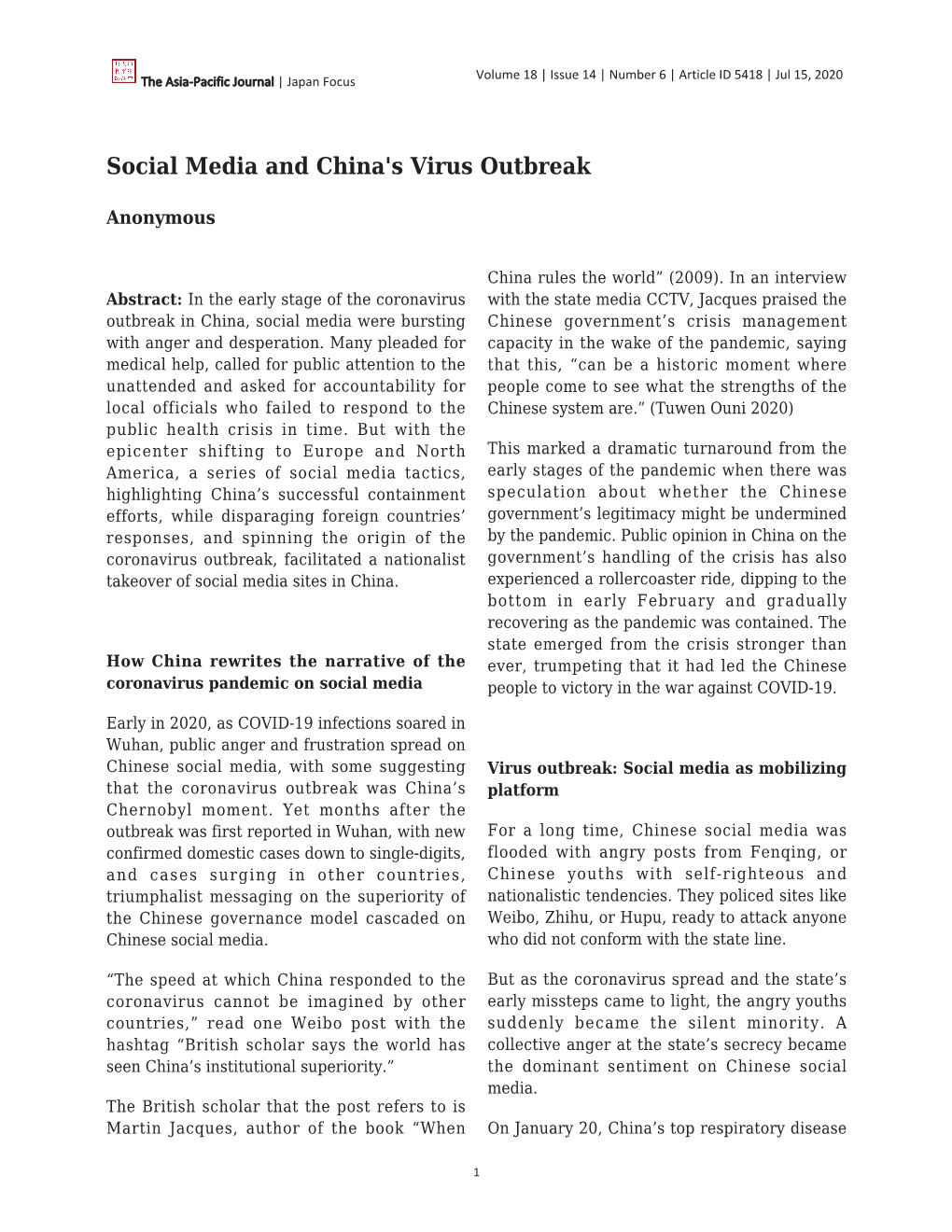 Social Media and China's Virus Outbreak