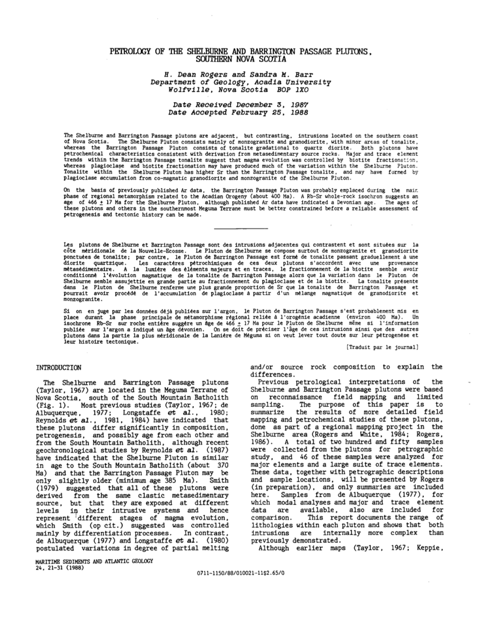 Petrology of the Shelburne and Barrington Passage Plutons Southern Nova Scotia