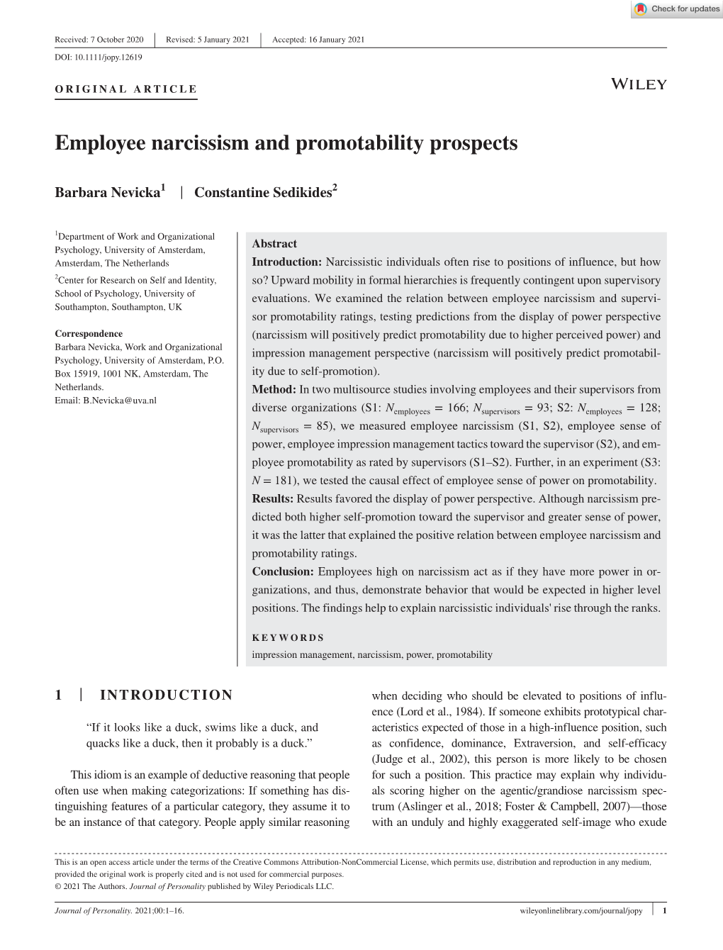 Employee Narcissism and Promotability Prospects