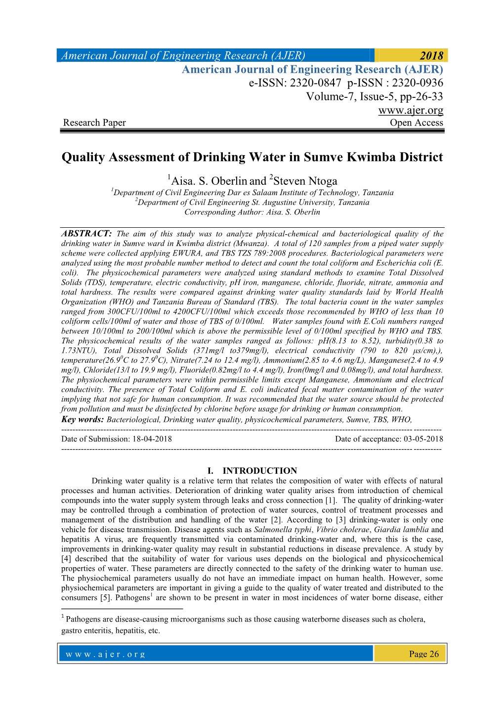 Quality Assessment of Drinking Water in Sumve Kwimba District