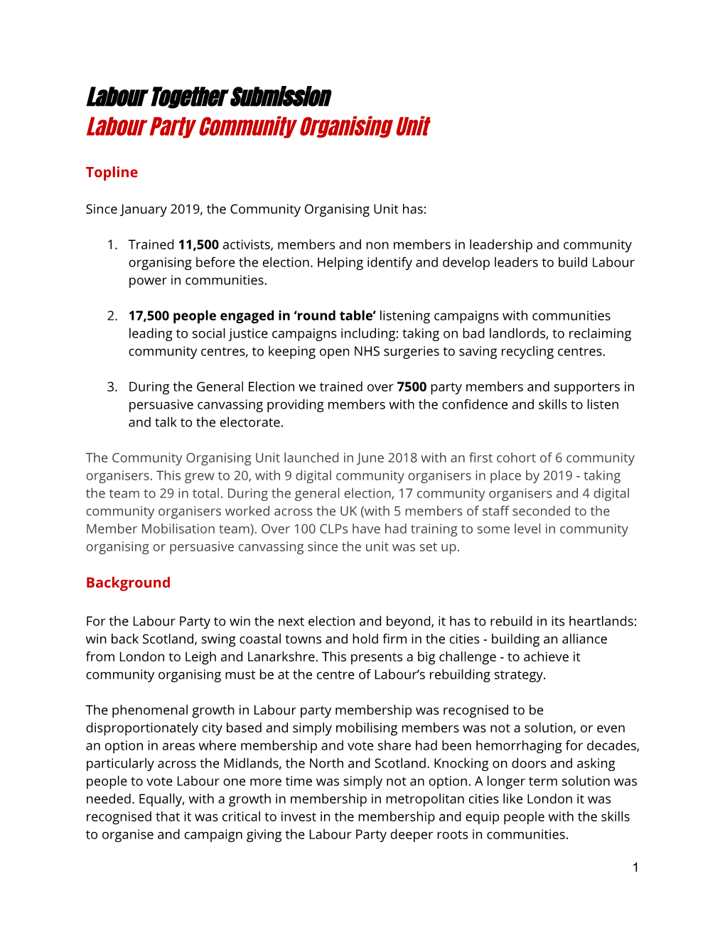 Labour Together Submission Labour Party Community Organising Unit