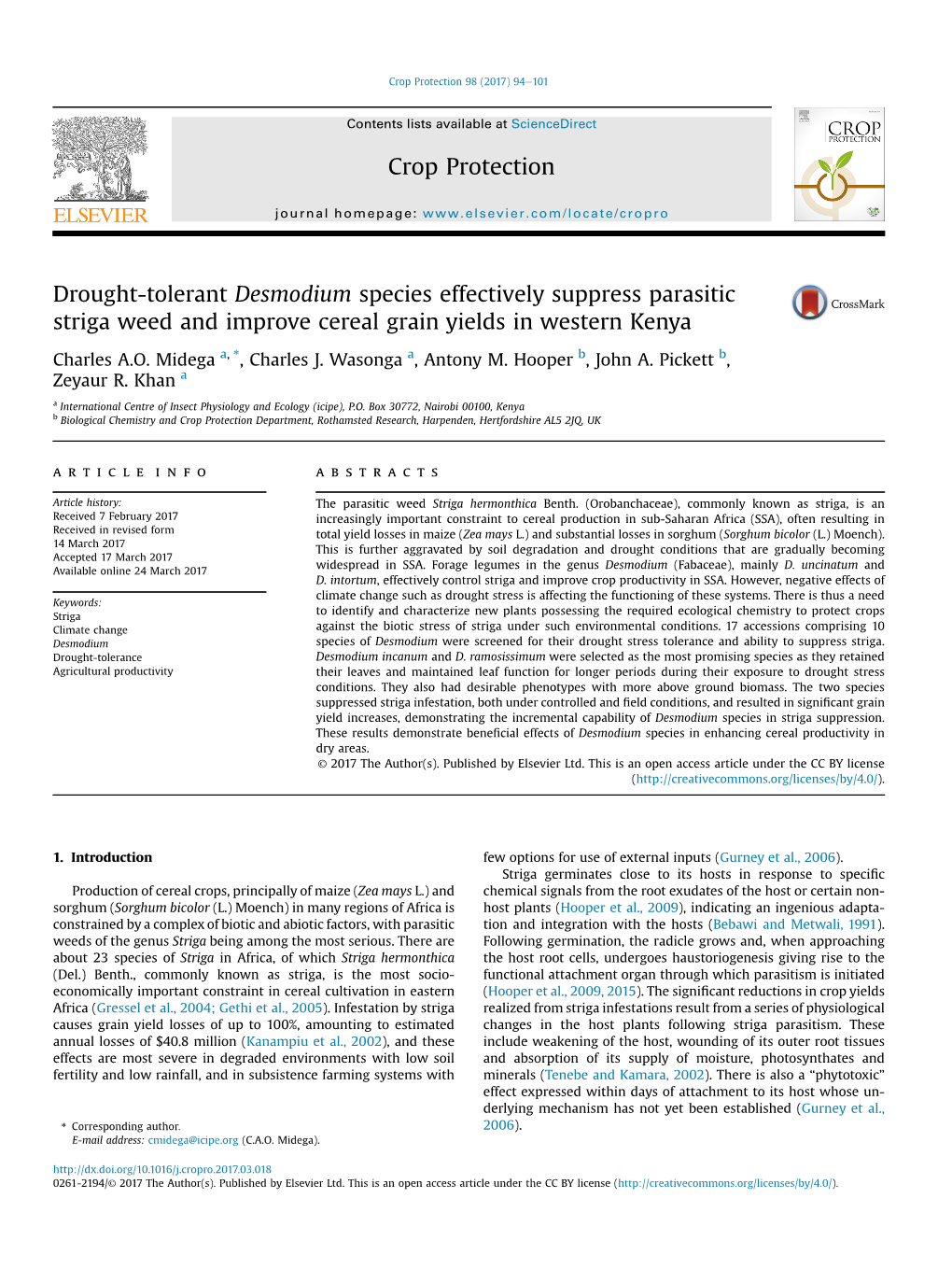 Drought-Tolerant Desmodium Species Effectively Suppress Parasitic Striga Weed and Improve Cereal Grain Yields in Western Kenya