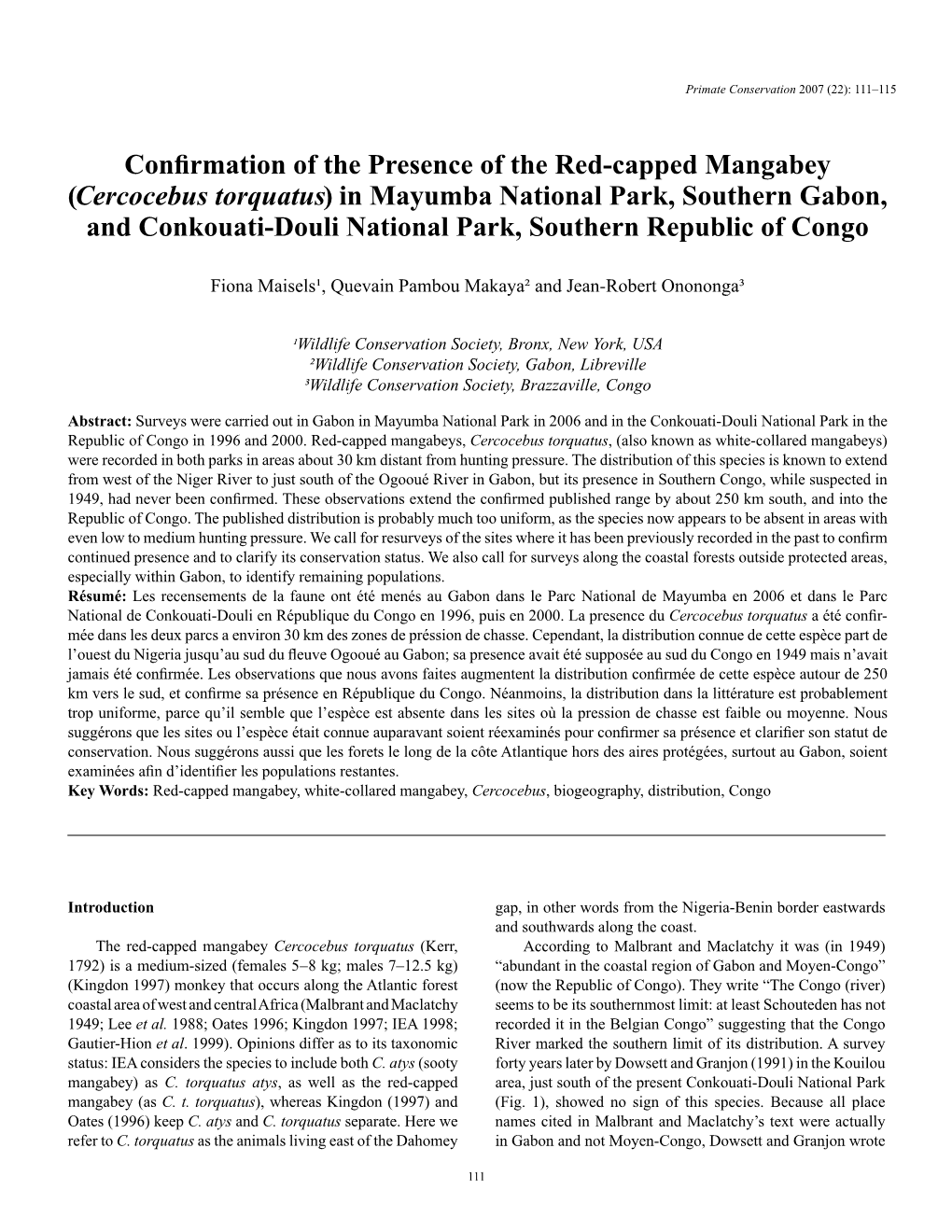 Confirmation of the Presence of the Red-Capped Mangabey (Cercocebus Torquatus) in Mayumba National Park, Southern Gabon, And