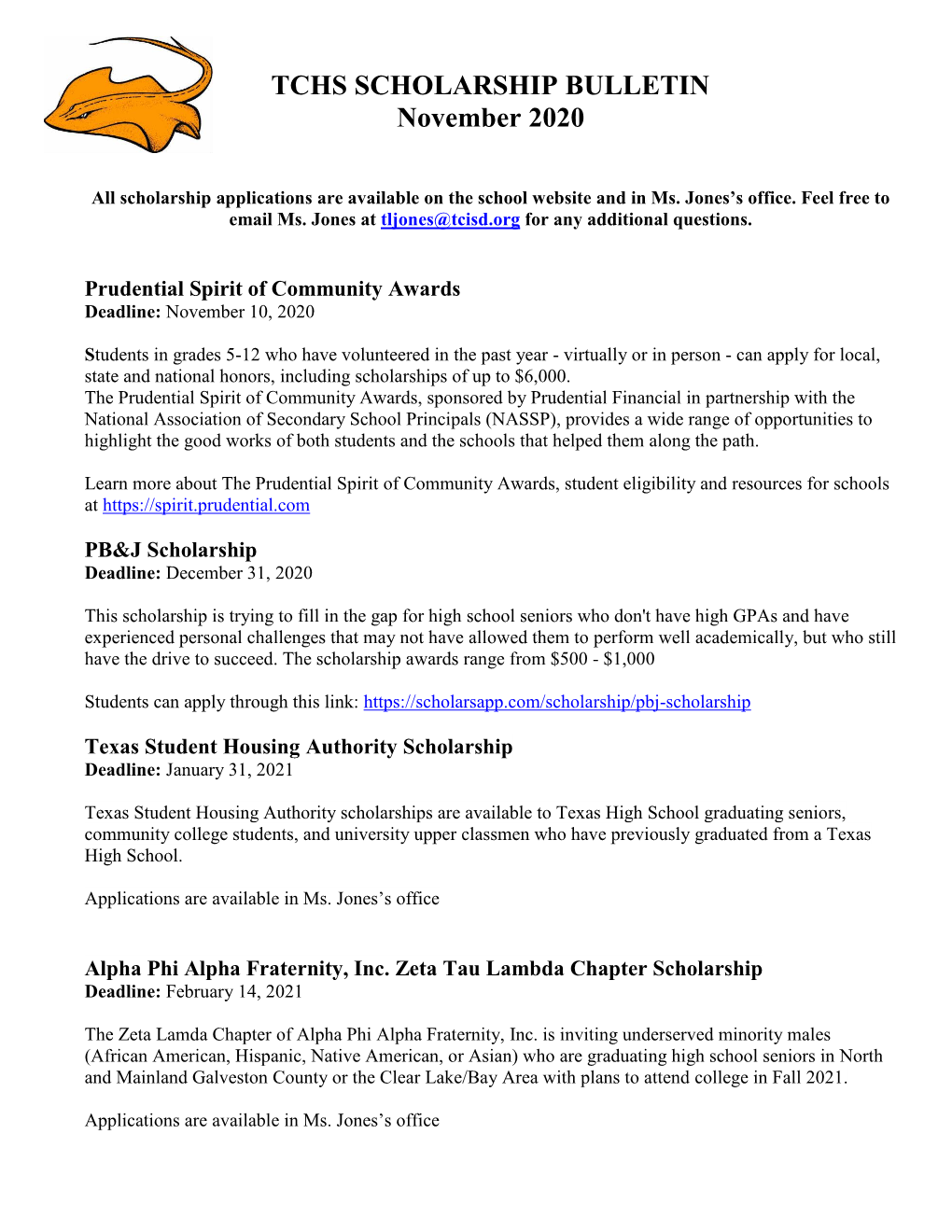 TCHS SCHOLARSHIP BULLETIN November 2020