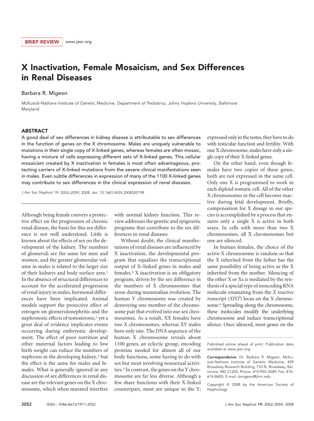 X Inactivation, Female Mosaicism, and Sex Differences in Renal Diseases