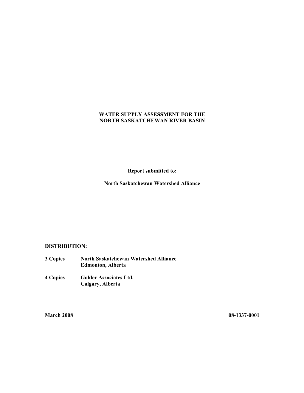 Water Supply Assessment for the North Saskatchewan River Basin