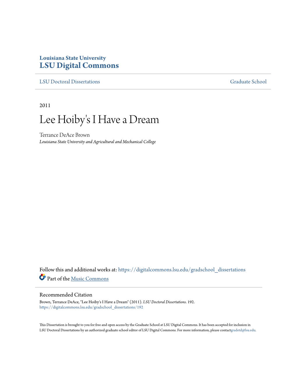 Lee Hoiby's I Have a Dream Terrance Deace Brown Louisiana State University and Agricultural and Mechanical College