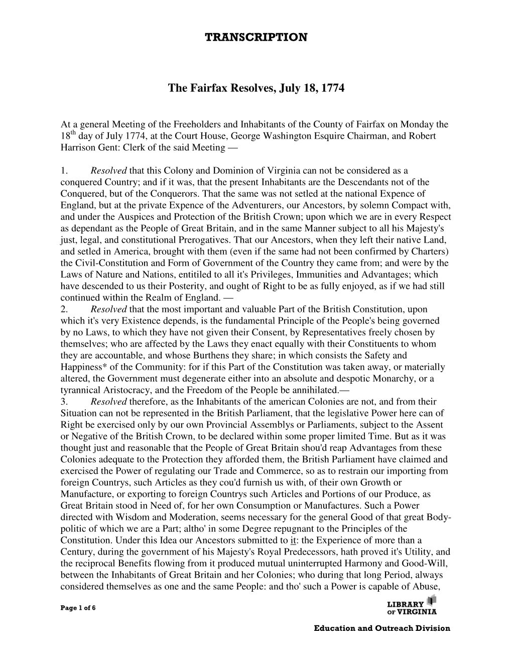 TRANSCRIPTION the Fairfax Resolves, July 18, 1774
